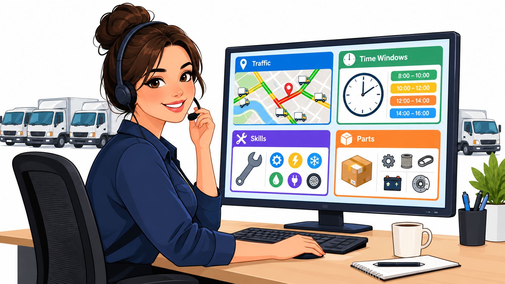 A professional dispatcher using route optimization software for service business on her computer in an office.