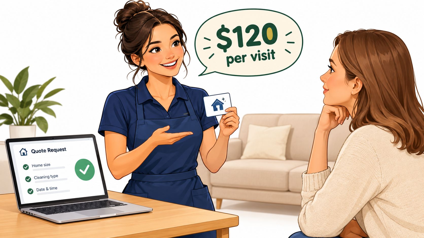 A professional house cleaner showing a price quote to a female client in a home setting.