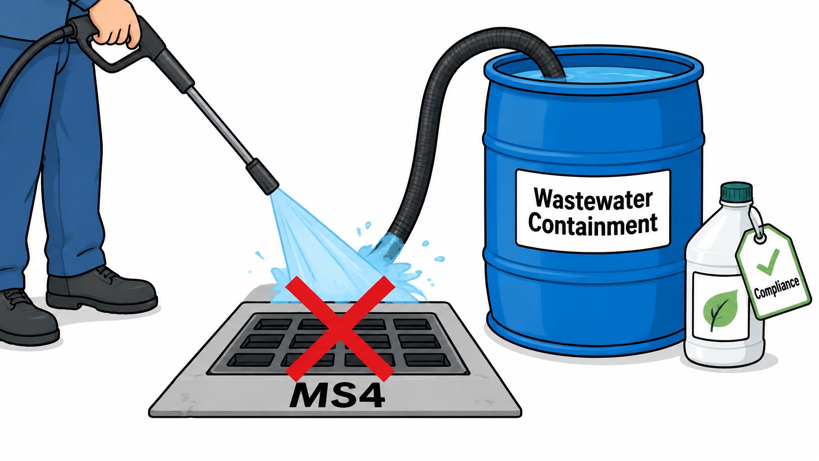 A person using a pressure washer to collect wastewater into a containment barrel to prevent storm drain pollution.
