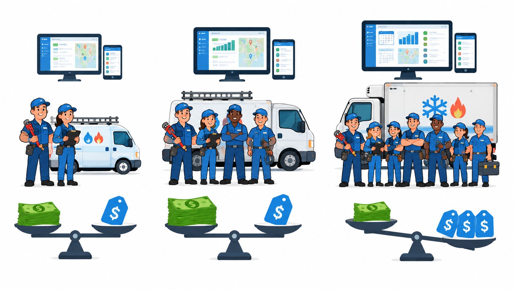 Three sets of service teams with vans and digital dashboards being compared against pricing on scales.