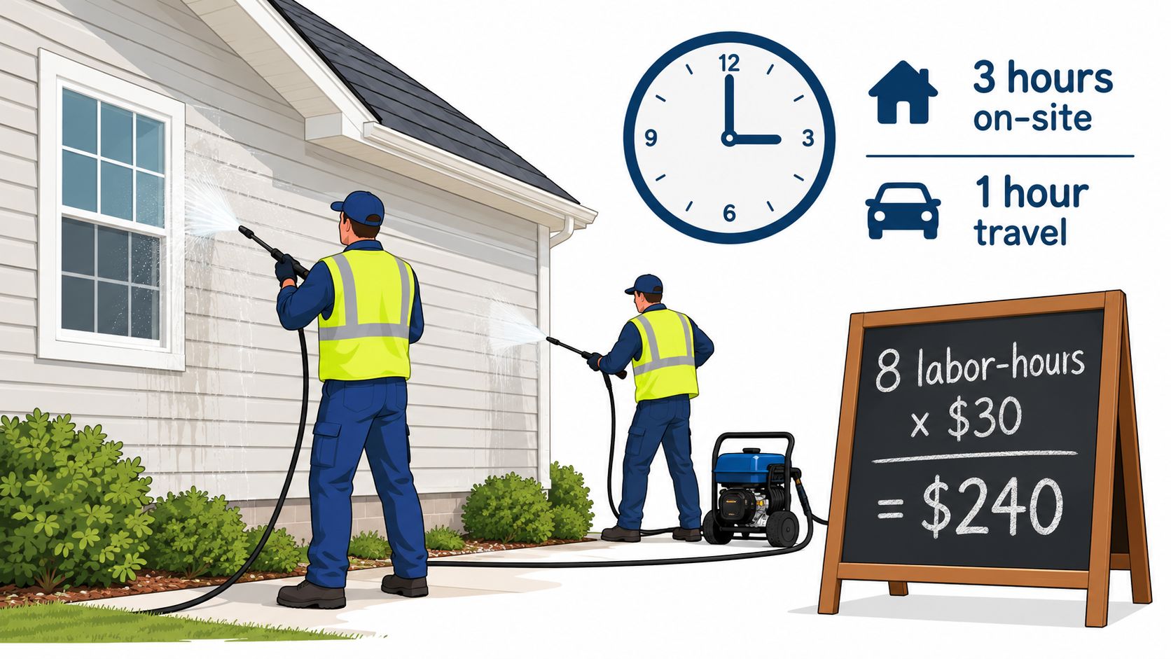 Two professional pressure washers cleaning a residential house exterior with a calculation of total labor costs.