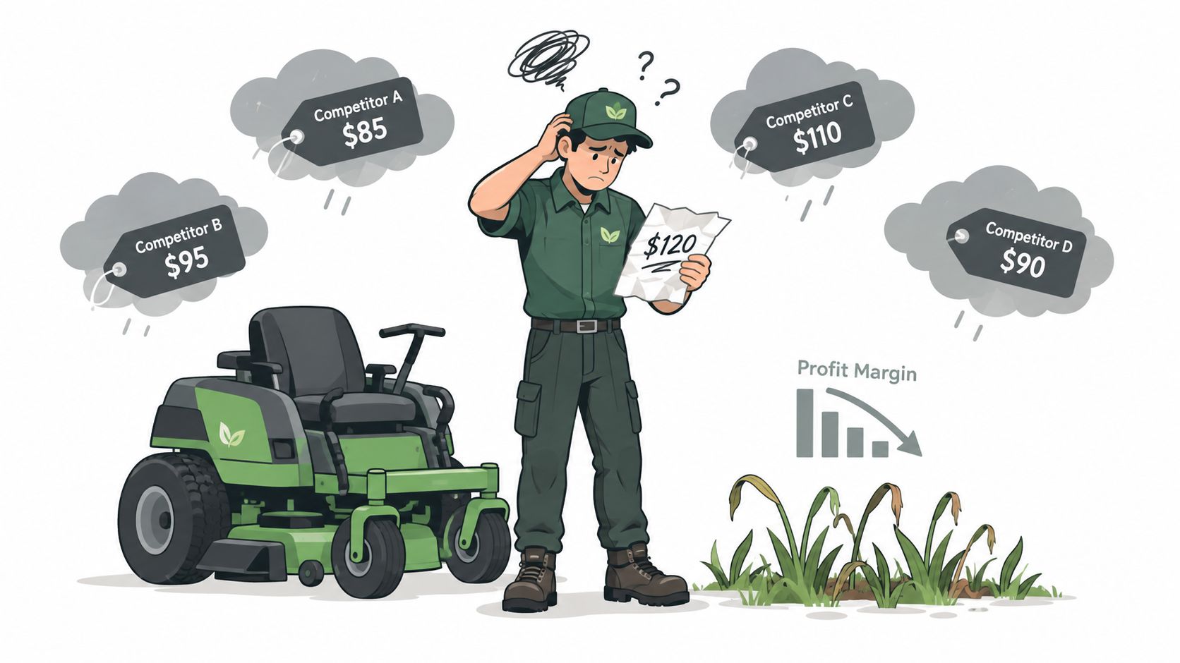 A confused lawn care worker reviewing pricing sheets while comparing his rates against multiple service competitors.