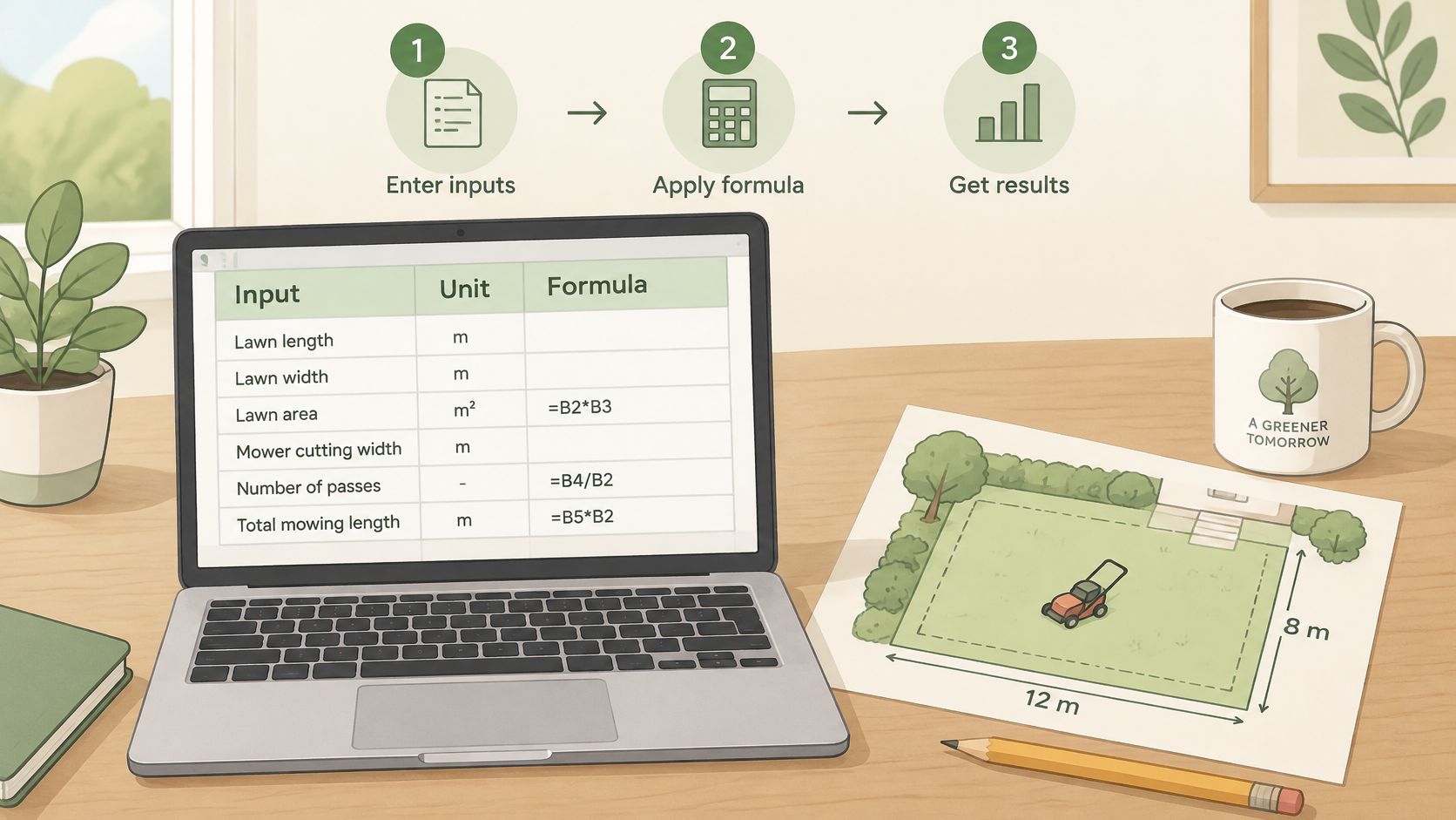 A digital lawn care estimate template displayed on a laptop screen next to a paper lawn plan.