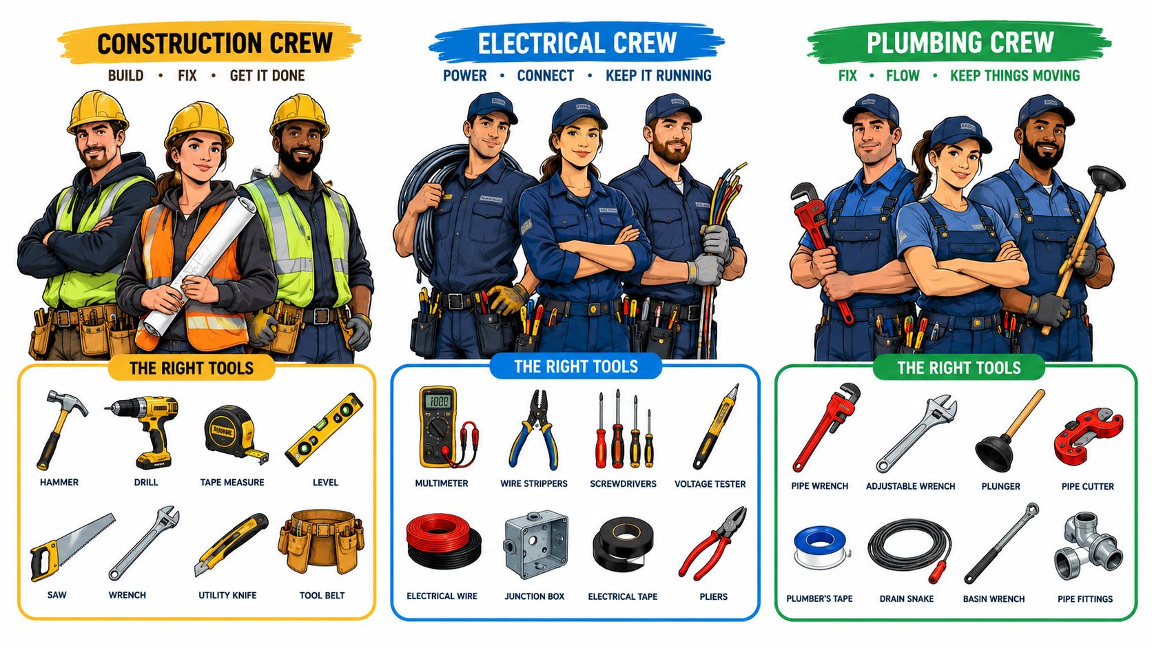 A professional infographic displaying construction, electrical, and plumbing crews with their essential tools and equipment.