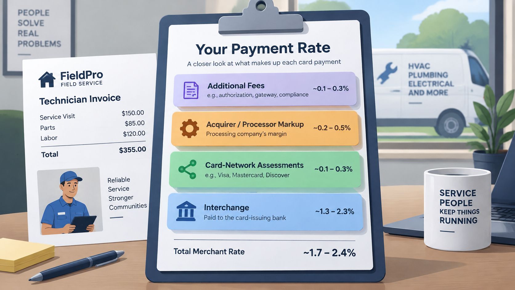 A clipboard illustration detailing payment processing fee components for field service business invoices.