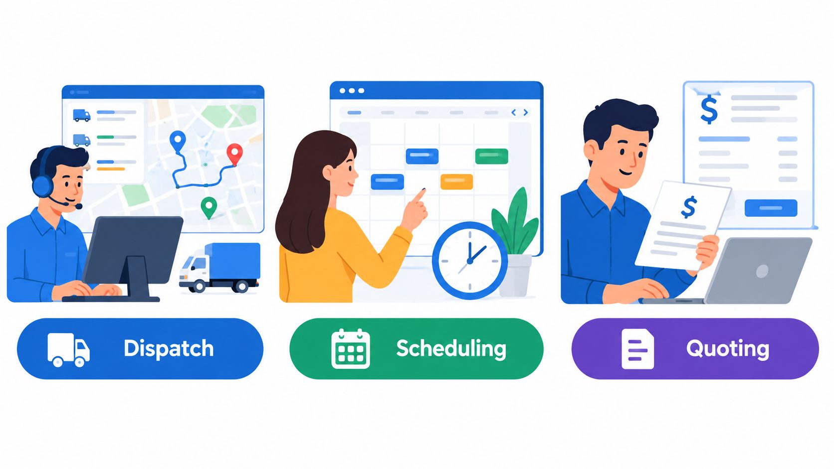 A professional illustration showing three key business operations: dispatching, scheduling, and providing price quotes for services.