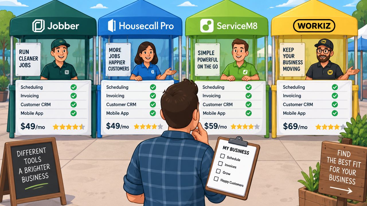 A person choosing between four different field service software providers at outdoor business booths for their company.
