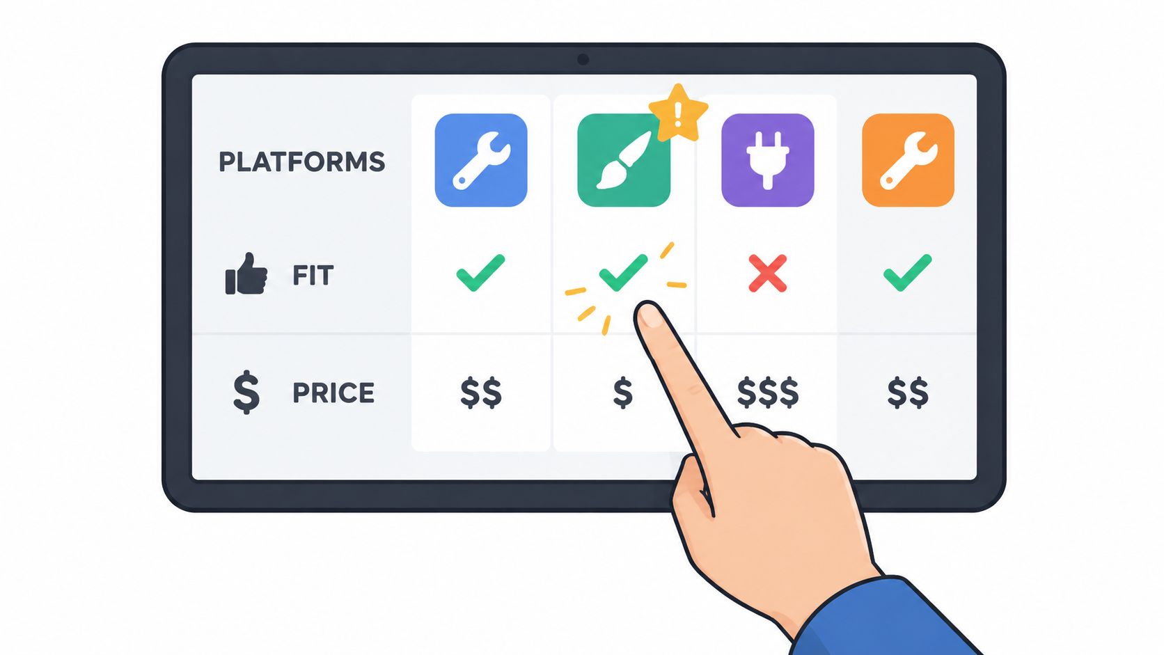 A hand selecting a software platform choice on a digital tablet screen for a business decision.