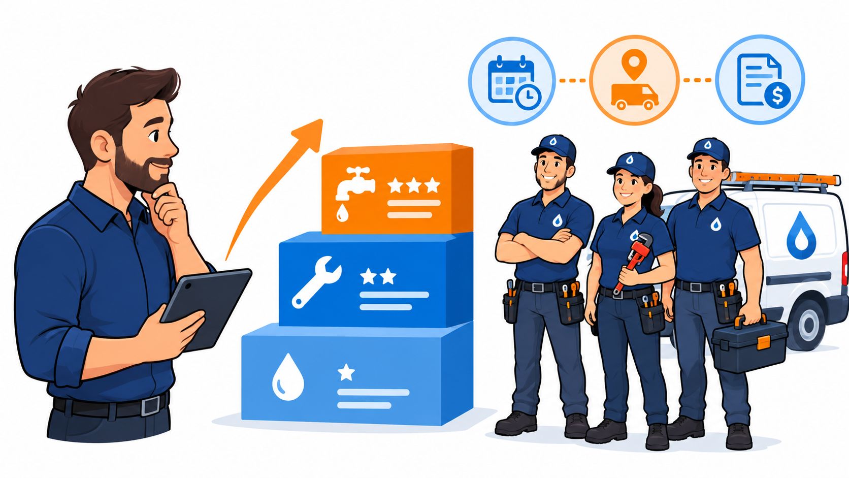 A professional manager with a tablet reviews plumbing services while technicians prepare for a job visit.