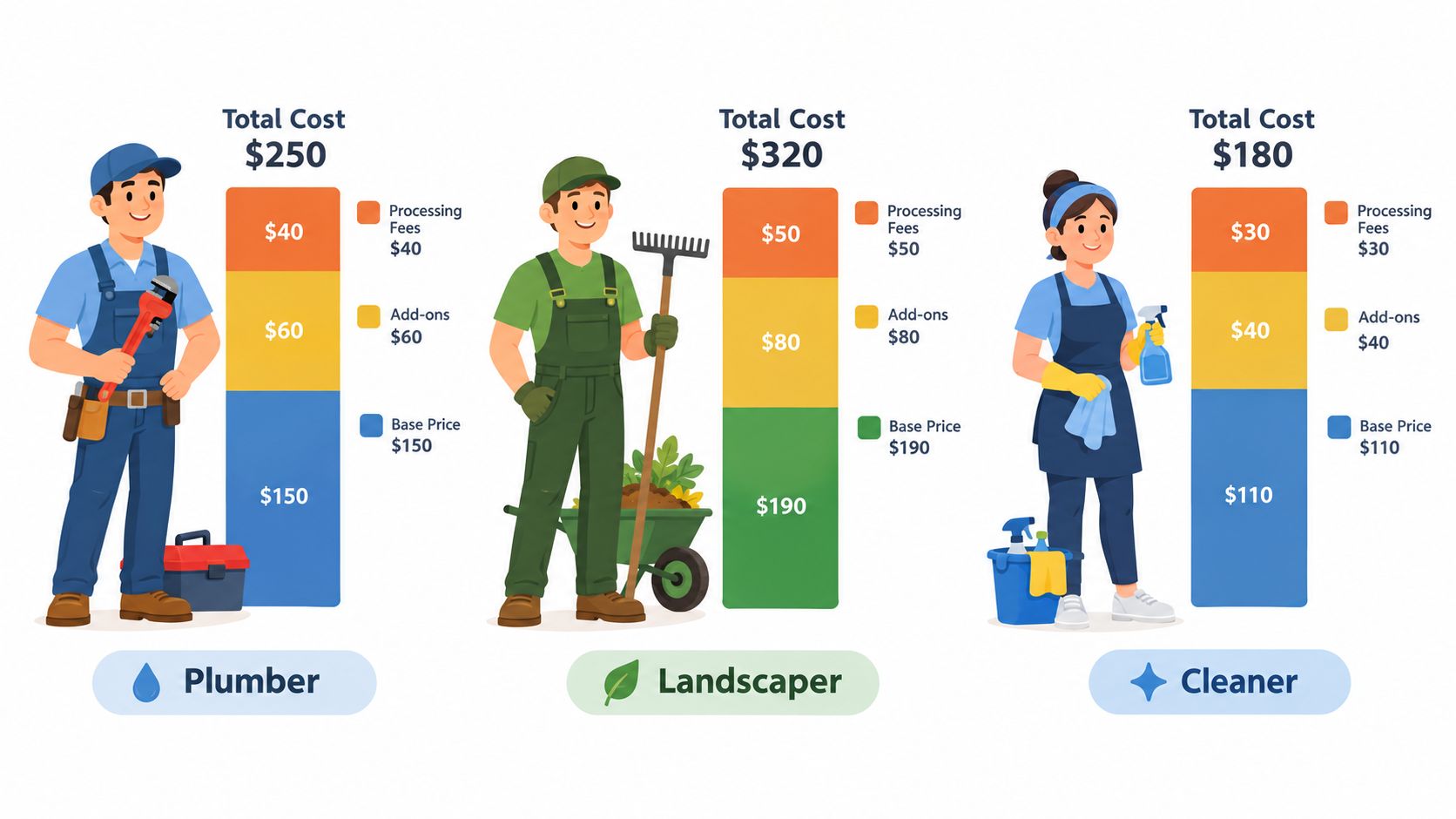 A service price breakdown chart featuring a plumber, landscaper, and cleaner with individual service cost components.