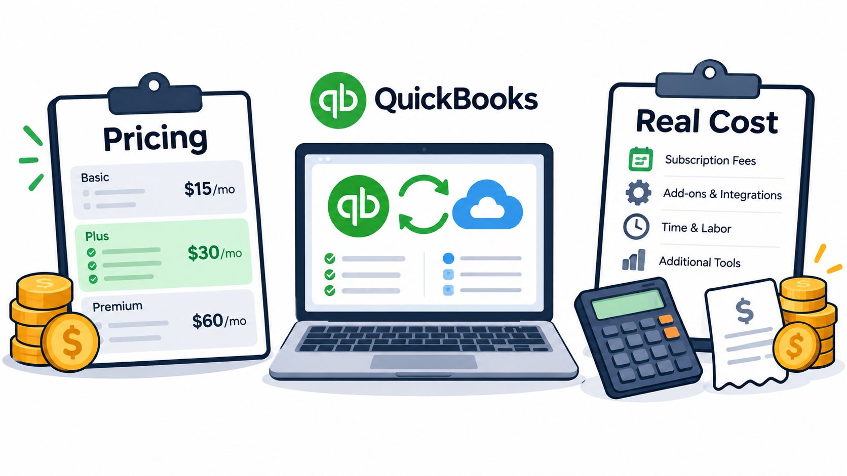 A visual comparison showing QuickBooks pricing plans versus the hidden real costs of using accounting software.