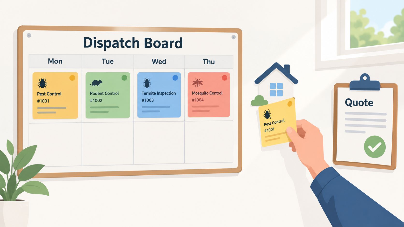 A hand placing a pest control service card onto a digital dispatch board for service management.