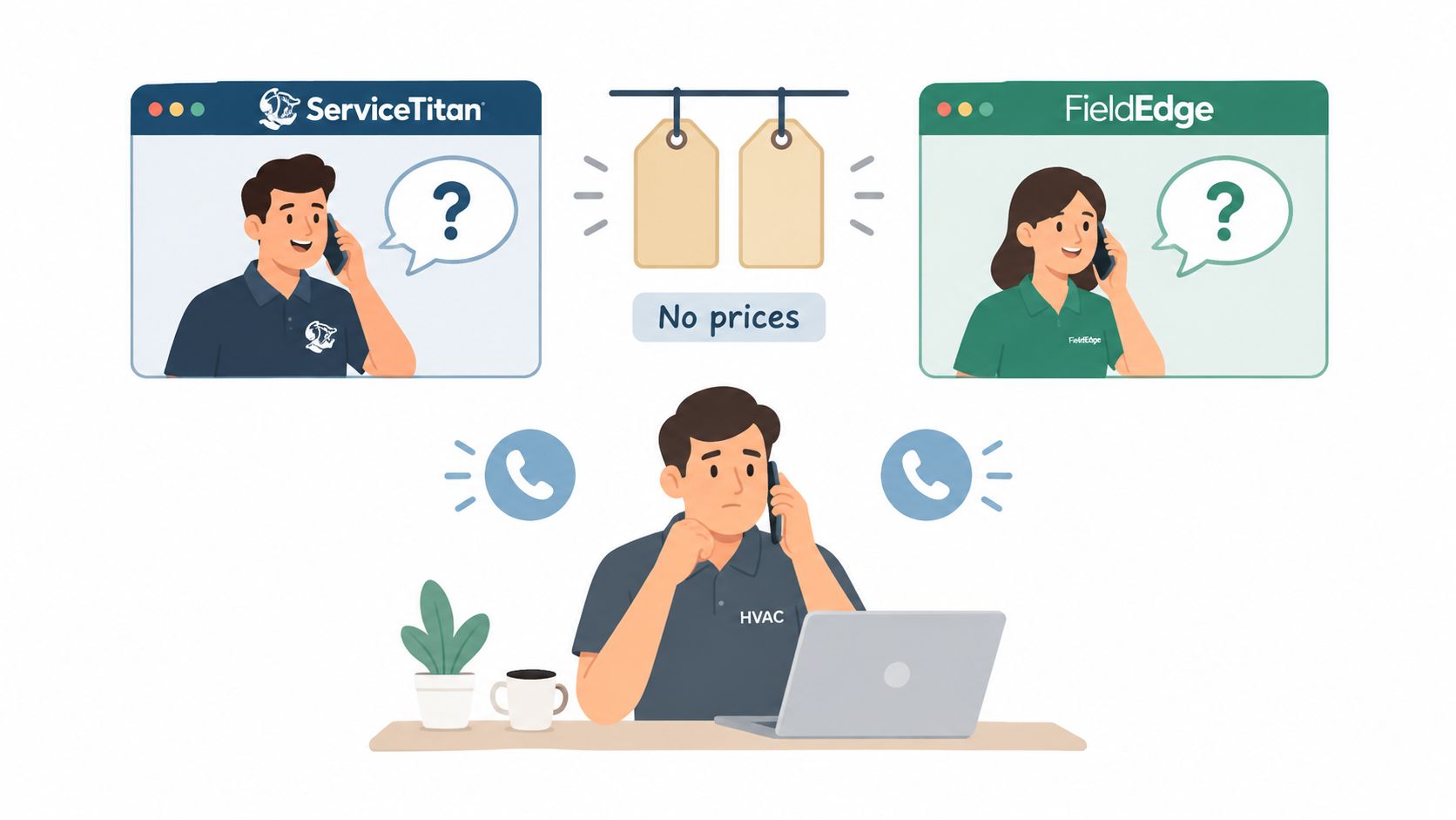 An HVAC technician frustrated while comparing ServiceTitan and FieldEdge software due to missing pricing information.