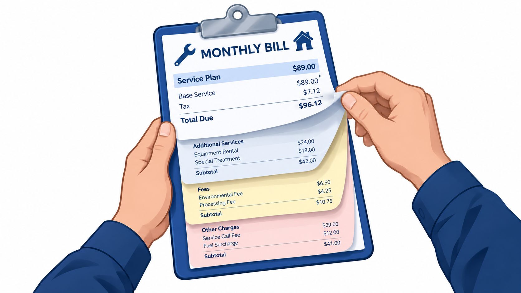 A person holding a clipboard displaying an itemized monthly bill for home services with various charges.