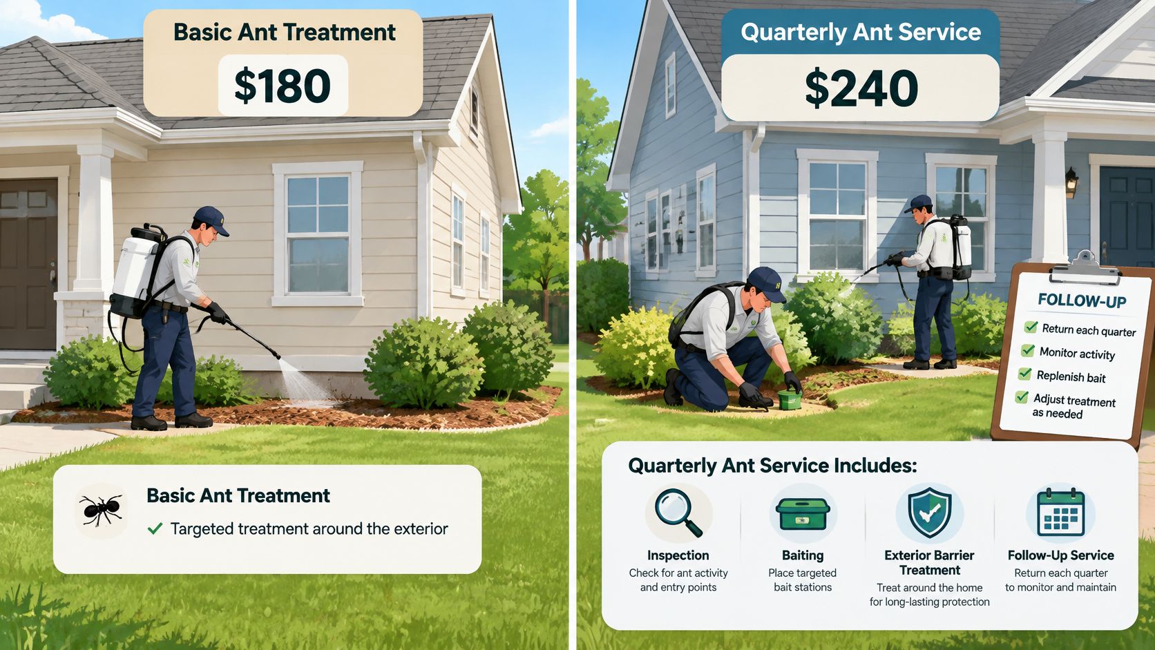 A comparison infographic showing basic ant treatment for $180 and quarterly ant service for $240.