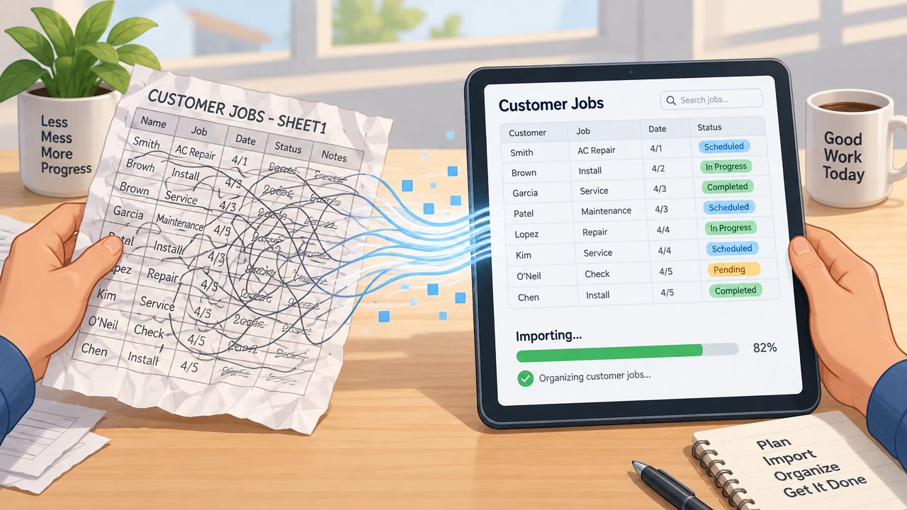 A person transferring messy paper customer job records into a digital tablet using organized scheduling software.