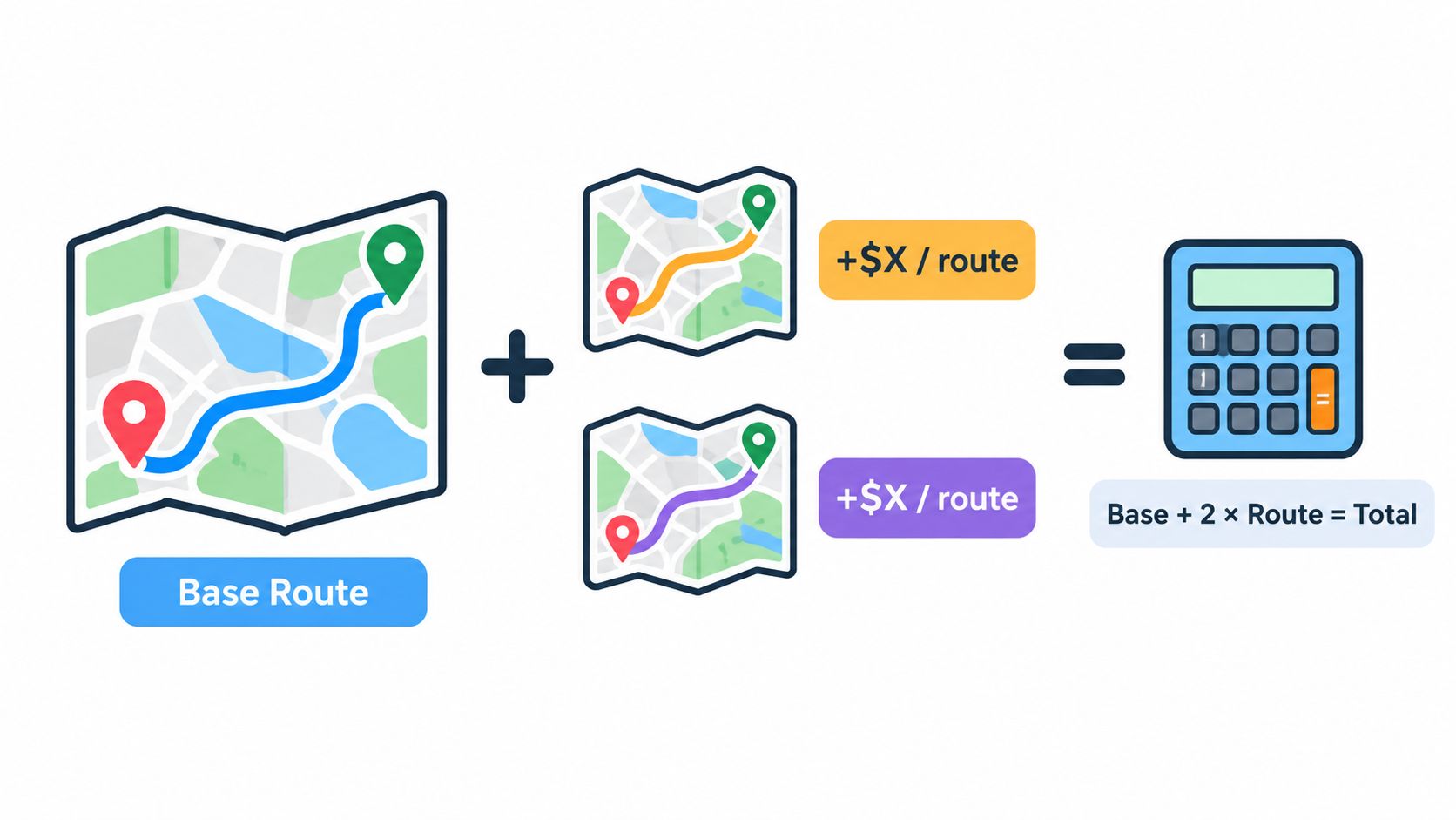 An illustration demonstrating how a base route is combined with additional routes for total price calculation.