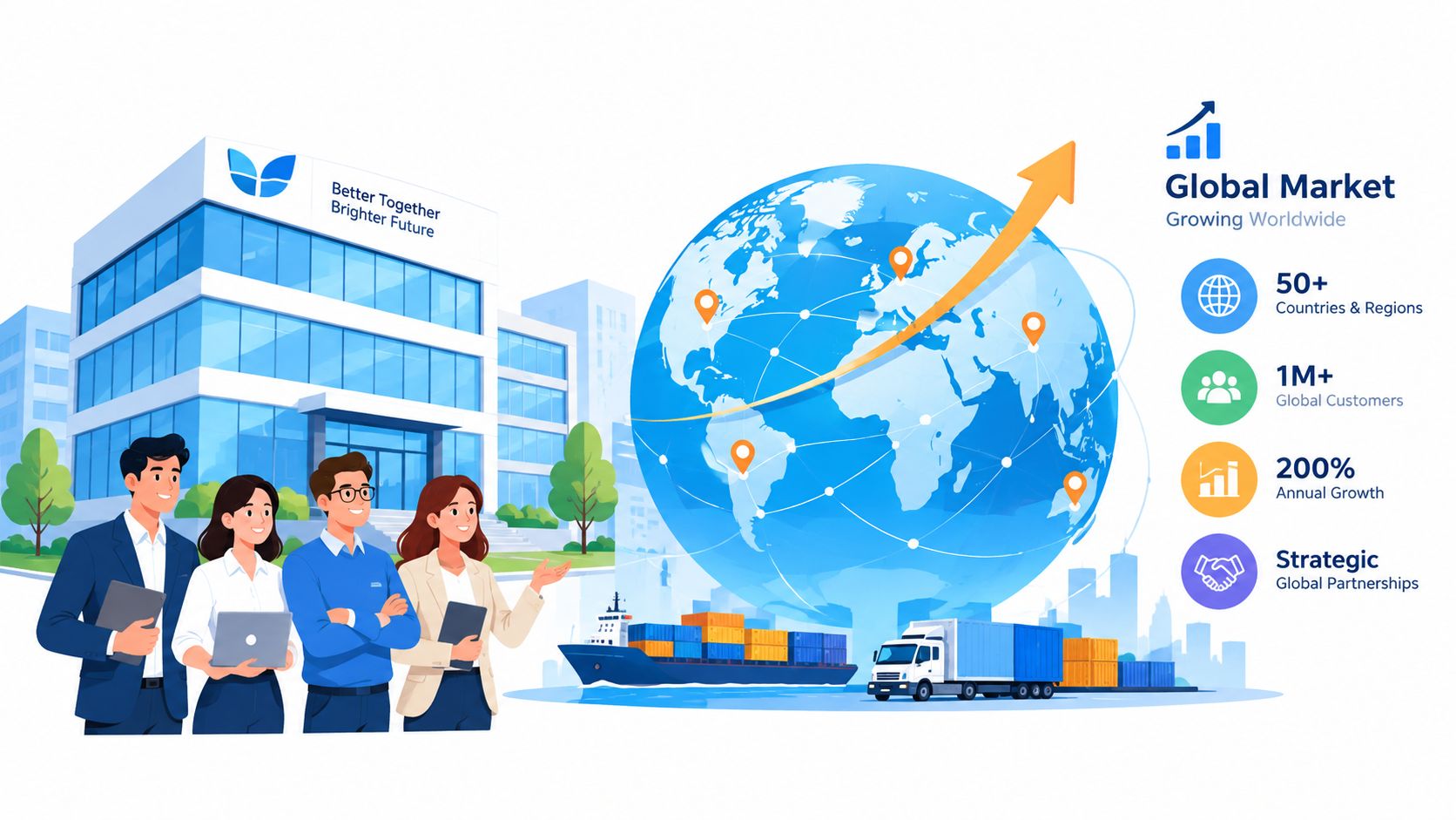 A professional group standing before an office building with a global market map and business data icons.