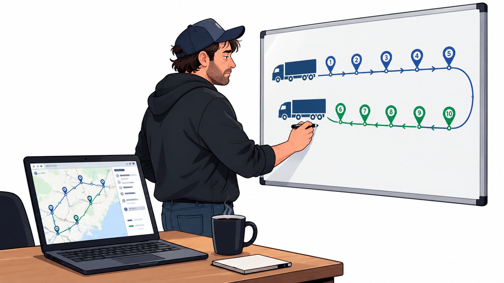 A professional logistics planner sketching a delivery route on a whiteboard while using route optimization software.