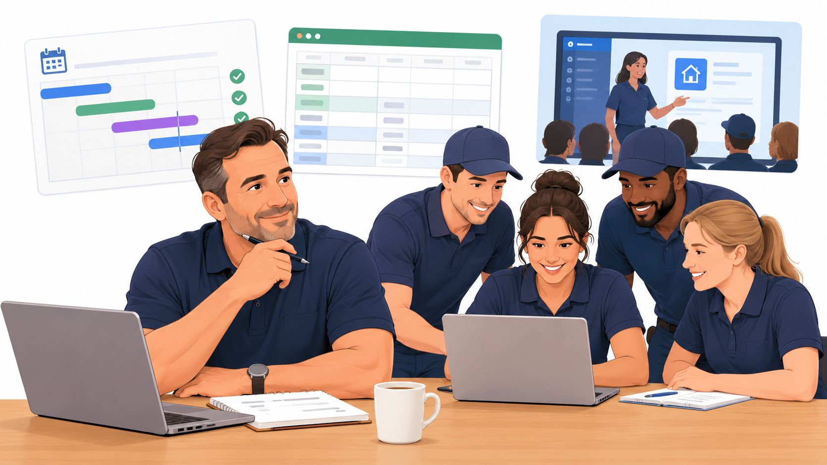A professional team collaborating on business operations with laptops, charts, and digital training modules displayed.