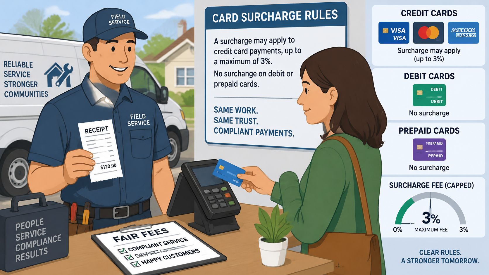 A service technician providing a receipt to a customer at a counter with payment surcharge information displayed.