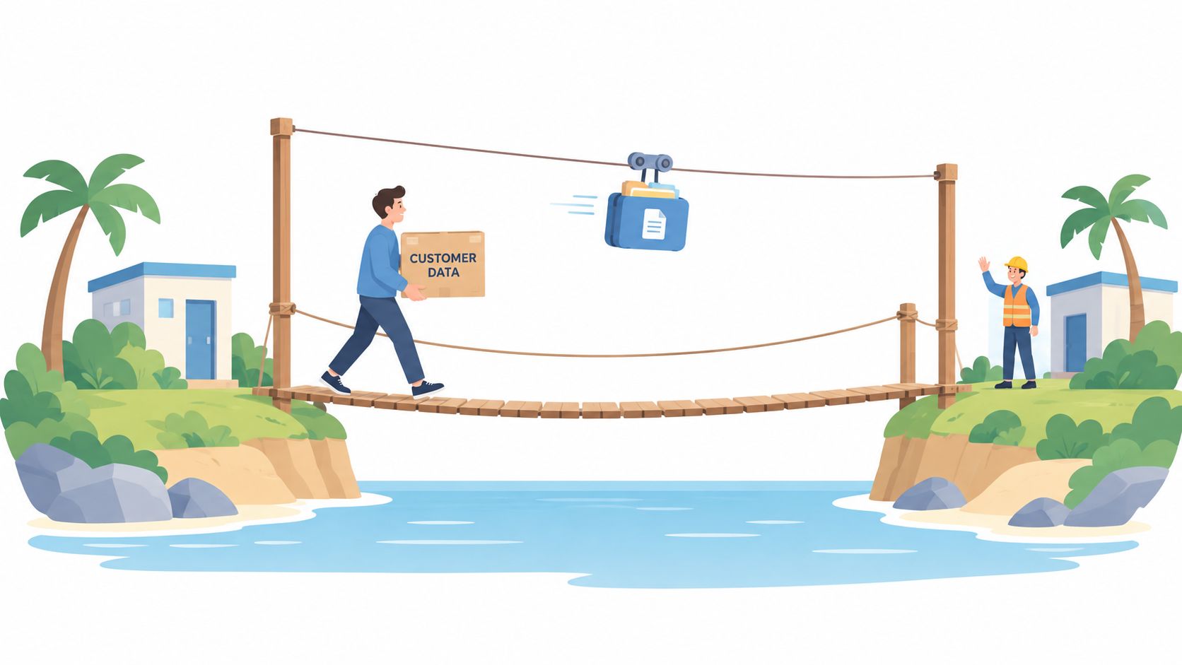 A worker carrying a customer data box across a bridge while a zip line transfers digital documents.