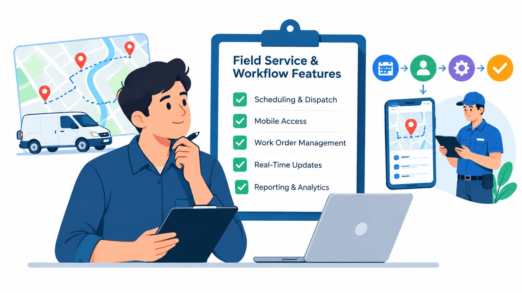 A professional manager reviews field service and workflow features on a clipboard with a digital device.