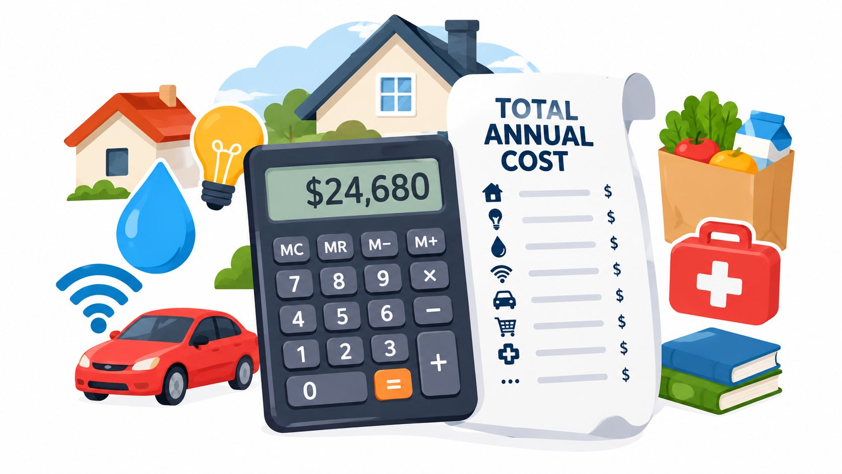 A calculator displaying a total annual cost next to a list of household expenses and various icons.