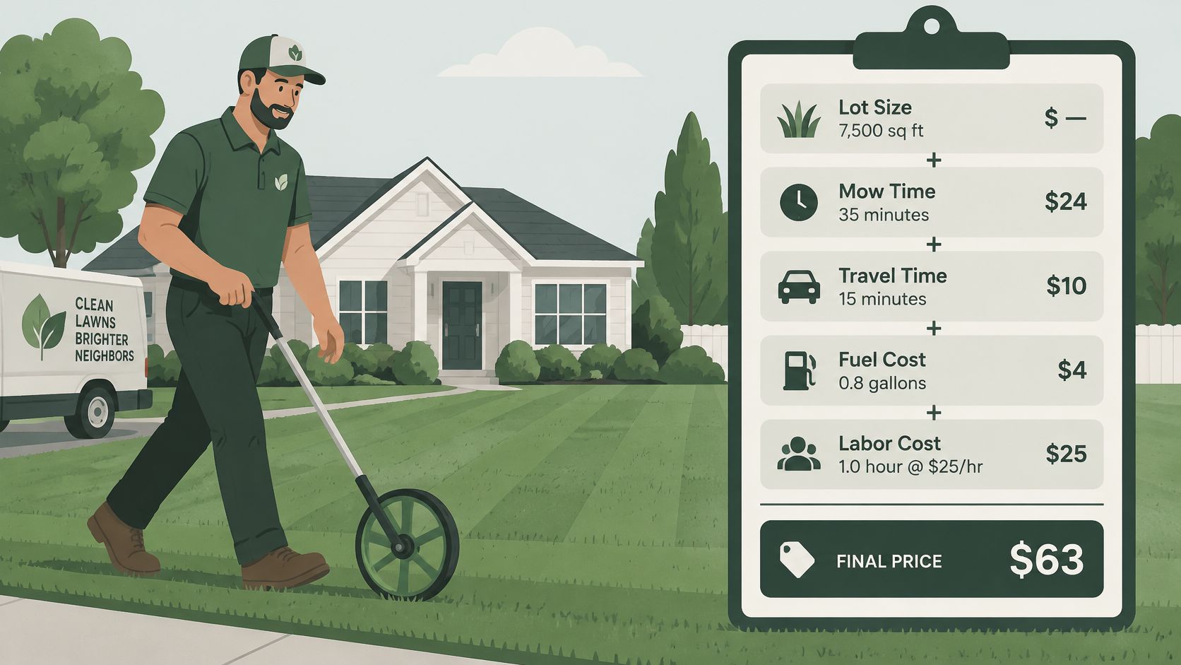 A professional landscaper measures a residential lawn with a measuring wheel next to a cost breakdown clipboard.