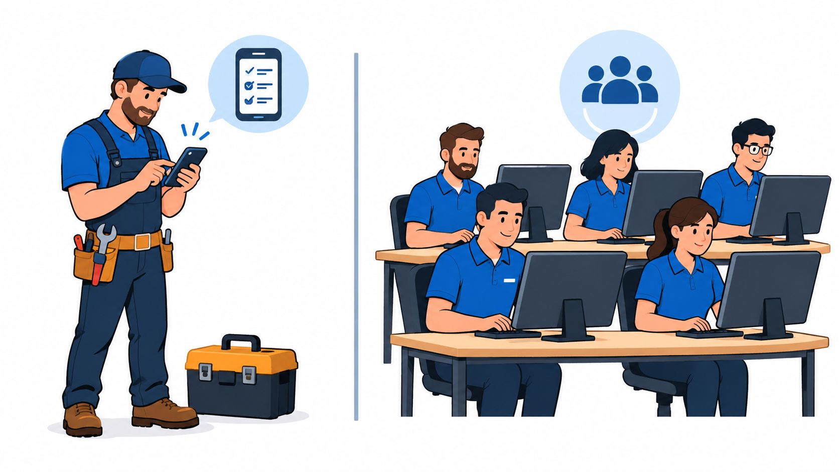A split illustration showing a field technician with a smartphone and office staff working at computers.