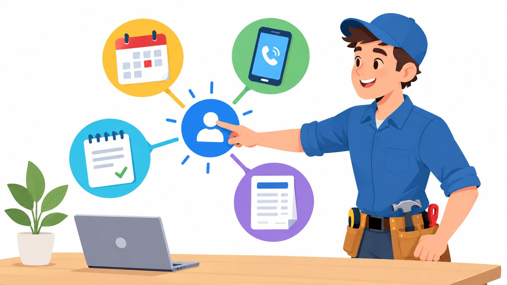 A repair person interacting with digital service management icons representing scheduling, communication, and business tasks.