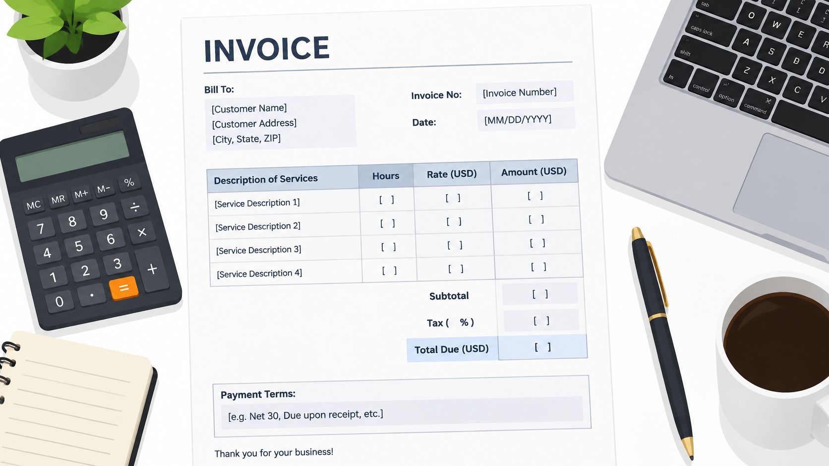A professional invoice template on a white desk surrounded by office supplies like a laptop, calculator, and coffee.