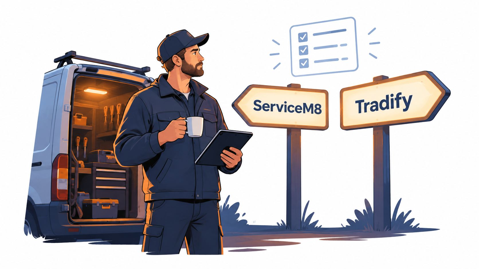 A service worker holding a tablet stands between signposts for ServiceM8 and Tradify field service software.