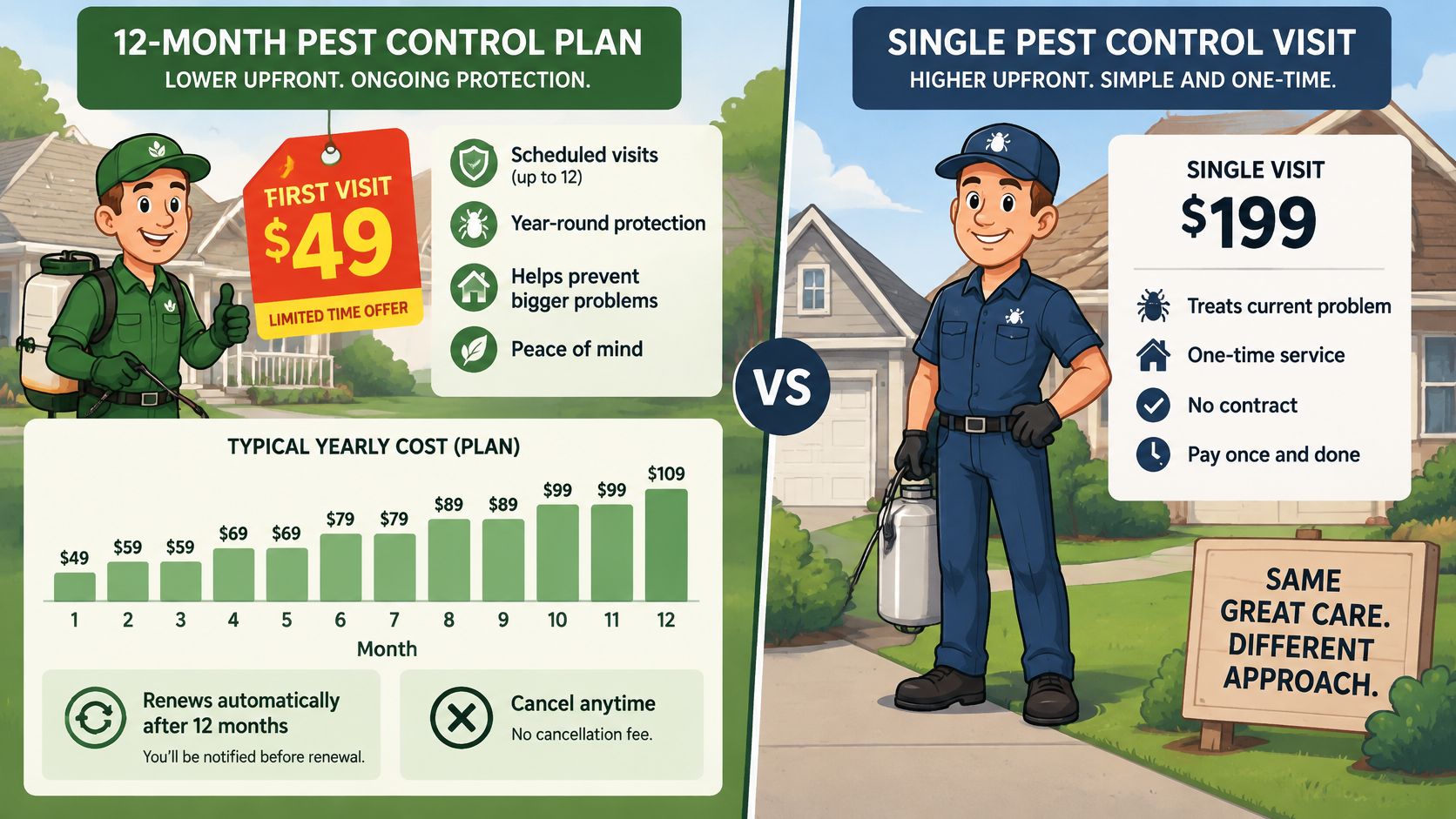 A comparison chart showing 12-month pest control plan pricing versus a single-visit service fee with illustrative characters.