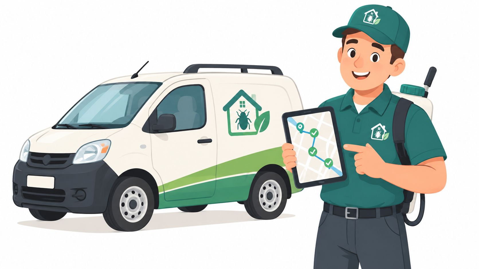 A friendly pest control professional holds a digital tablet displaying a navigation route next to a service van.