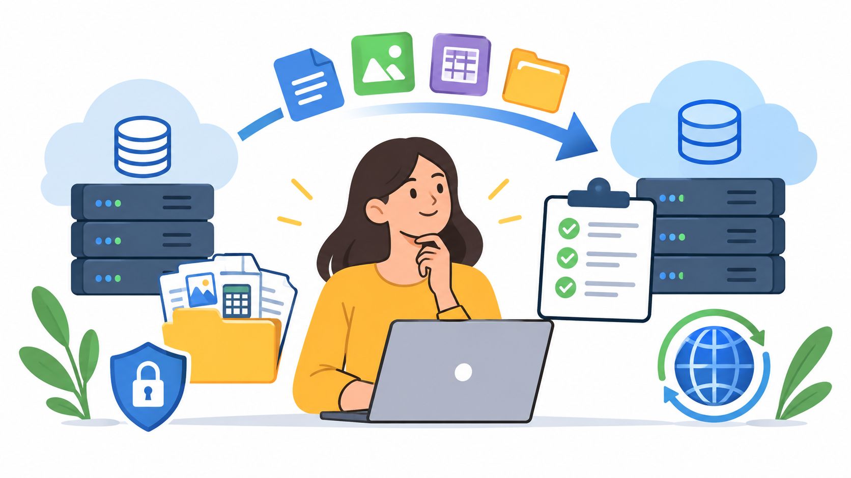 A woman working on a laptop with data migration icons representing cloud storage transfer between two servers.