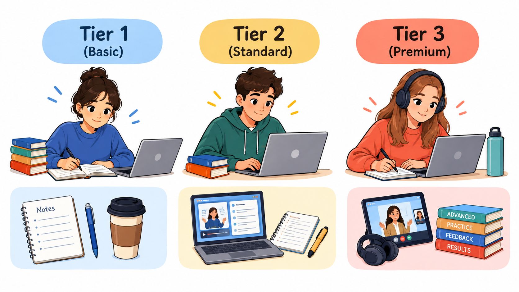A conceptual illustration showing three tiers of educational services with students using laptops and study materials.