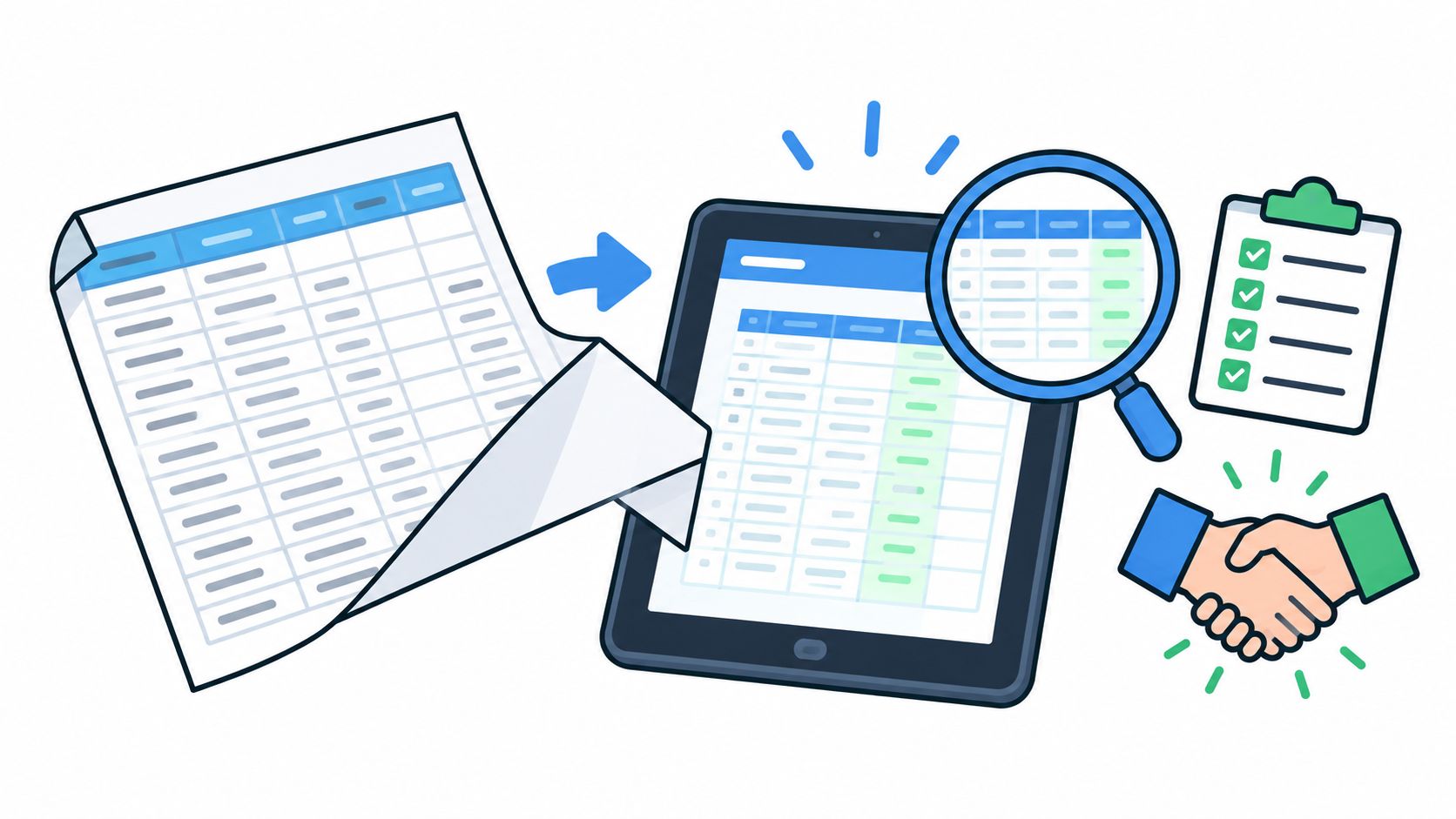 An illustration showing a spreadsheet being digitized on a tablet, reviewed by a magnifying glass, and finalized.
