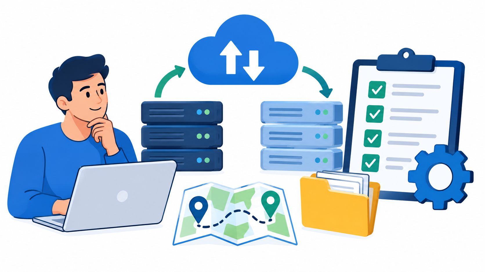 A person using a laptop to manage field service software, cloud data, and server synchronization tasks.
