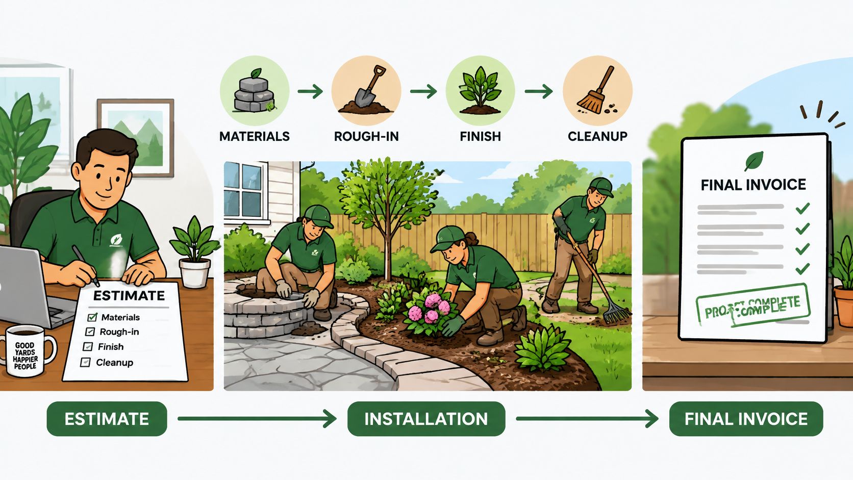 An illustration showing a landscaping company process from initial estimate to installation and final project invoicing.