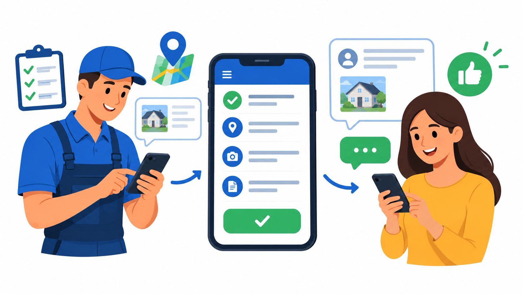 A service worker and a customer interacting with a mobile app for home service management solutions.