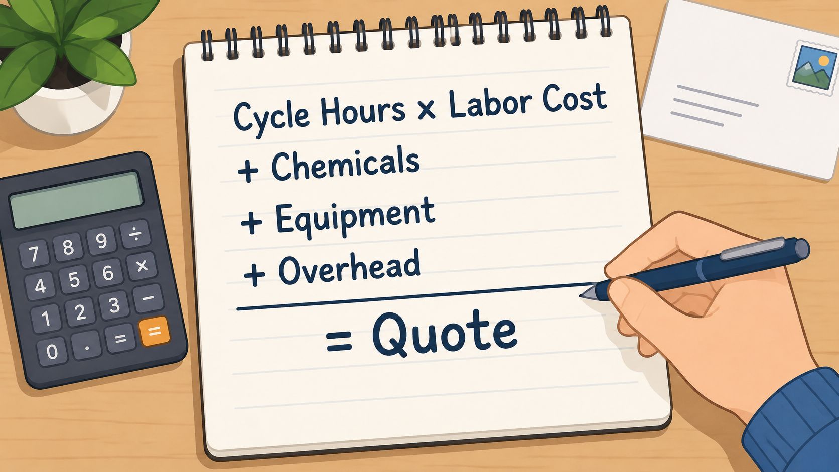 A hand writes a price calculation formula for a service job on a notepad on a desk.