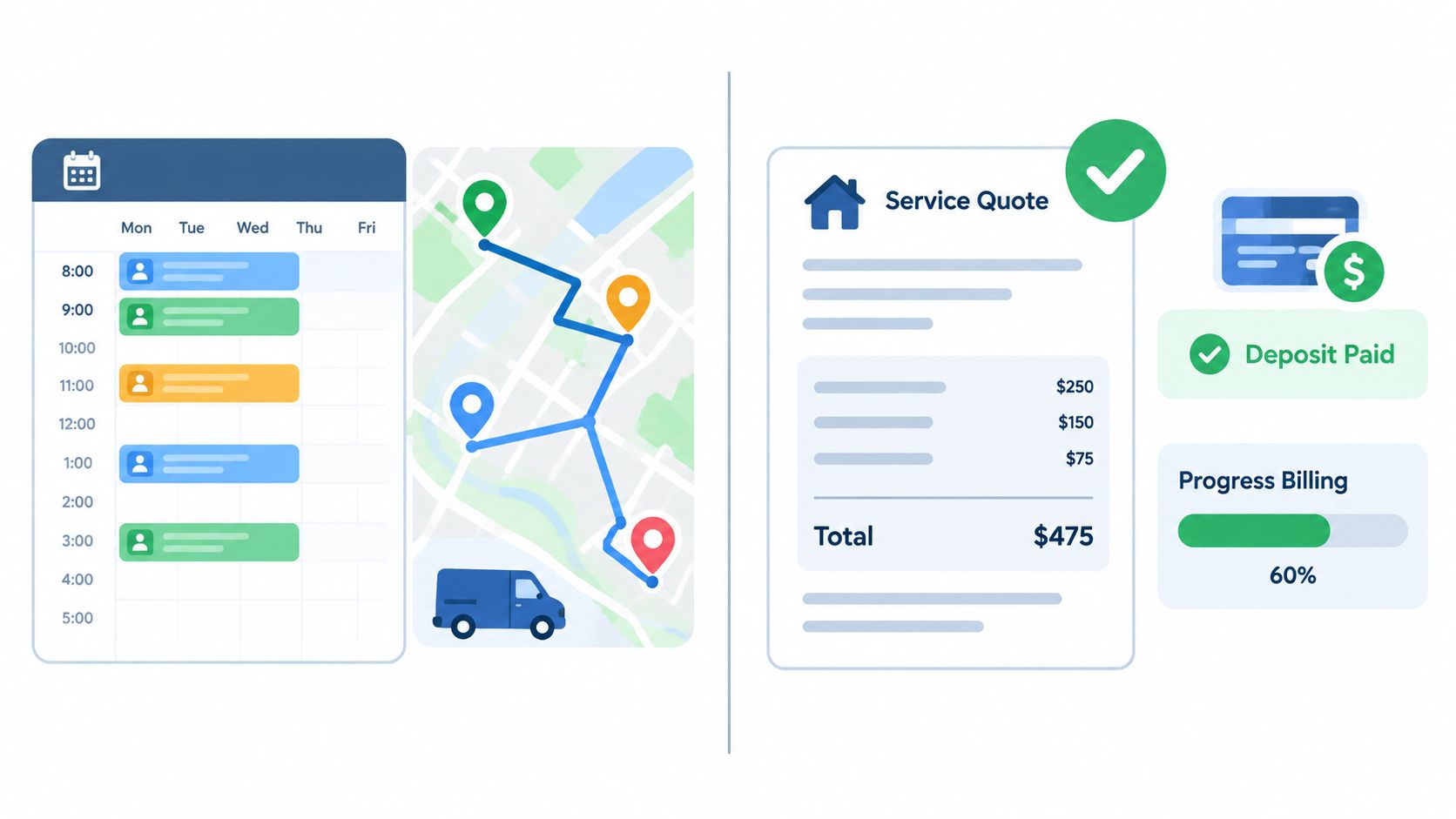 A graphic demonstrating field service management software with a calendar schedule, route map, service quote, and billing.