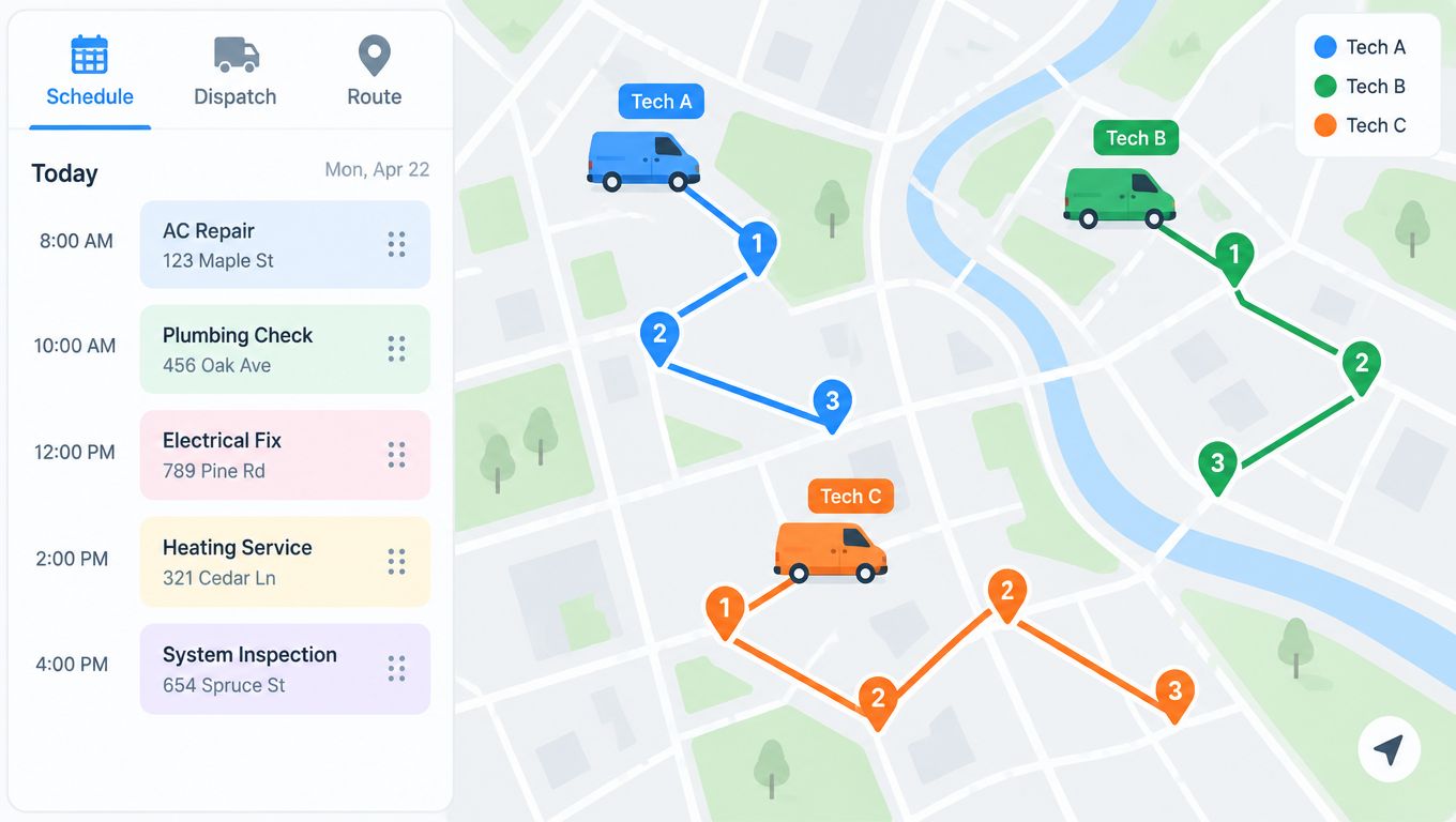 A digital dashboard showing technician routes on a map alongside a daily service appointment schedule.