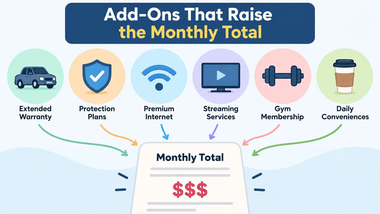 An infographic showing various monthly expenses like internet, streaming, and gym memberships increasing a monthly total bill.
