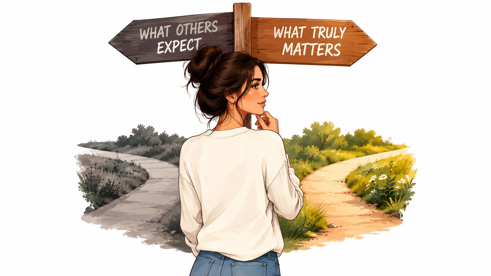 A thoughtful young woman stands at a crossroads, choosing between paths labeled expectations and what matters.