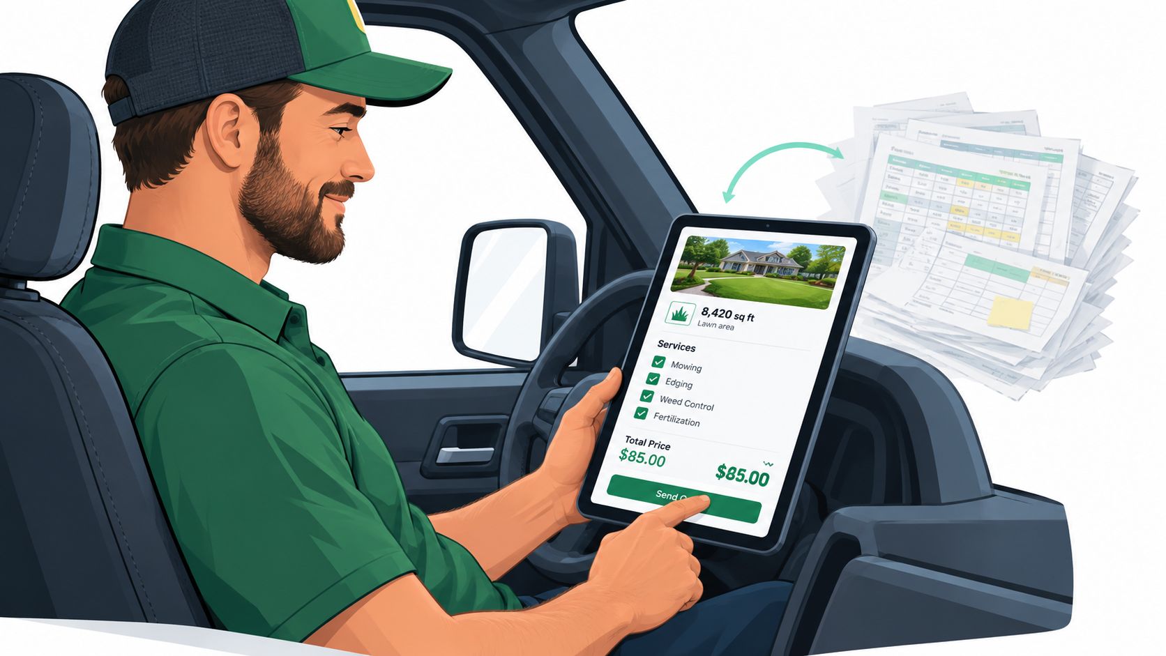 A professional landscaper in a truck using a tablet to calculate and send a lawn service quote.