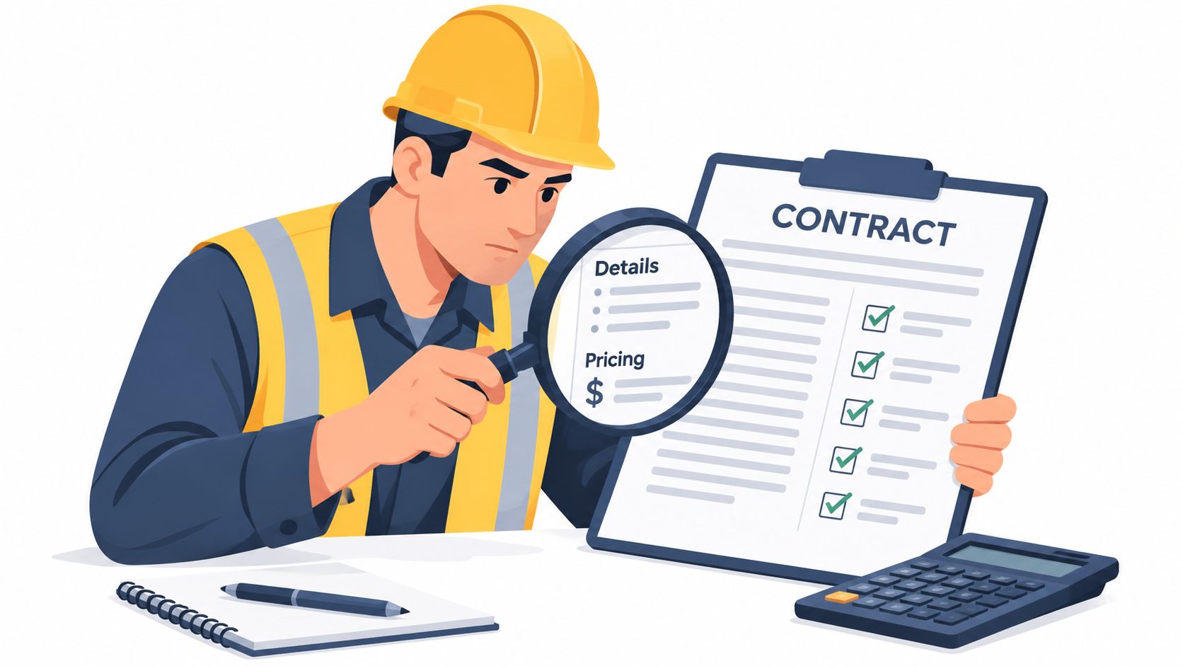 A construction worker in a yellow hard hat and vest examines a contract with a magnifying glass.
