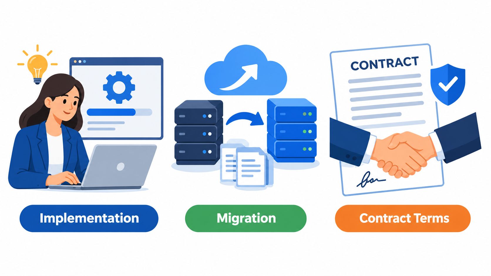 An illustration showing three steps for a software business process: implementation, data migration, and contract terms.