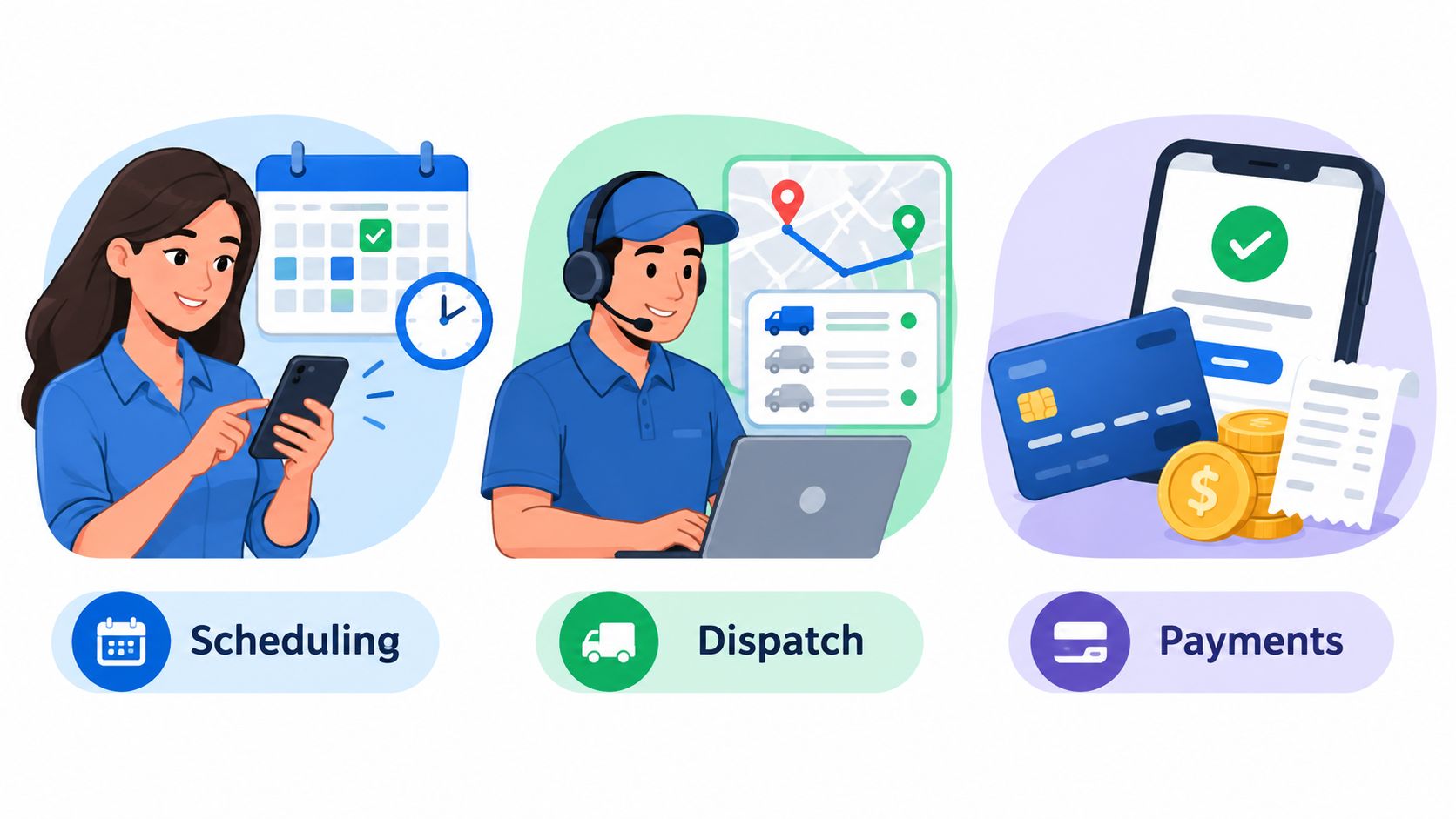 Three icons representing a field service management workflow featuring scheduling, dispatching, and digital payment processing solutions.